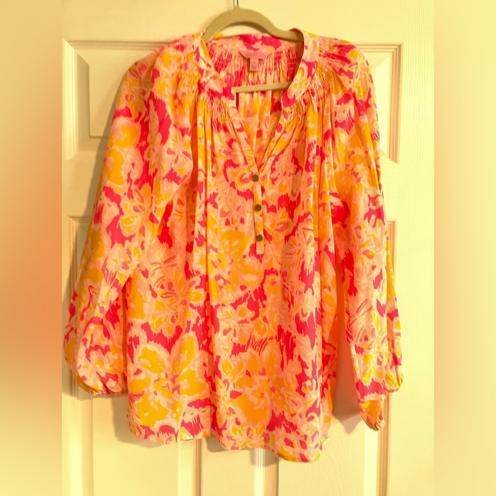 Lilly Pulitzer Pink & Yellow Floral Elsa Silk Top L